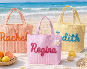 Personalized Seersucker Beach Bag, Hand-Crocheted Name Tote, Summer Travel Handbag