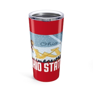 May include: A red insulated tumbler with a silver lid. The tumbler features a graphic of a football game with the text "Ohio State" in white. The word "Ohio" is also visible in the design.
