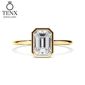 3 CT Emerald Cut Moissanite Engagement Ring, Bezel Set Diamond Solitaire Ring, 14k Solid Gold Wedding Ring, Bridal Anniversary Gift For Her