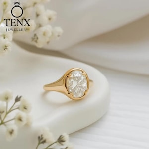 Oval Cut Moissanite Signet Ring, Solitaire Wedding Ring, April Birthstone, 14k Gold Diamond Ring, Signet Style Prong Bezel Set Ring for Her