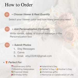 May include: A graphic with the title "How to Order" and numbered steps. Instructions include choosing a viewer and reel quantity, adding personalization, and submitting photos via Etsy Messages, Canva, or email. The graphic lists gift ideas.