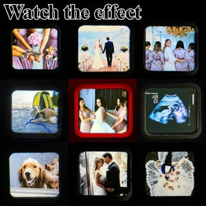 May include: A collection of nine square images, each framed in black. The images depict various scenes, including a wedding, a dog, a cat, and an ultrasound. The text "Watch the effect" is at the top.