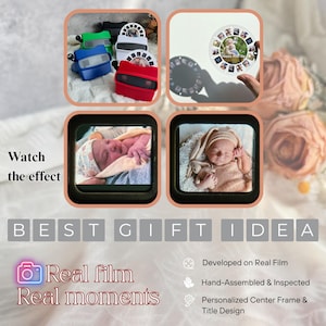 May include: A collection of colorful retro viewers with personalized film reels. The image shows a baby in a knitted outfit and a newborn in a hospital setting. Text on the image reads "BEST GIFT IDEA" and "Real film Real moments".