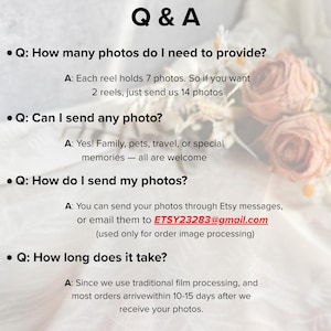 May include: A Q&A graphic with text on a white background. Questions include how many photos to provide, if any photo can be sent, how to send photos, and how long it takes. Floral elements are in the background.