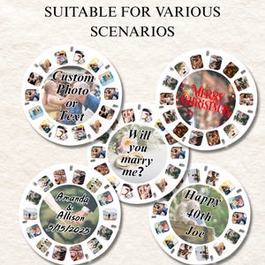 May include: A collection of custom photo reels with various text overlays. One reel says "Custom Photo or Text", another says "Will you marry me?", and others say "Merry Christmas", "Happy 40th Joe", and "Amanda & Allison 5/15/2025".