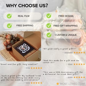 May include: A brown gift box with a custom photo reel inside, displayed open. The text "WHY CHOOSE US?" is at the top, with checkmarks next to phrases like "REAL FILM" and "FREE SHIPPING." Customer reviews and a "MOST LOVED ITEM" star are also visible.
