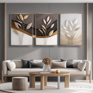 Golden Botanical Elegance – Set of 3 Neutral Wall Art Prints | Minimalist Abstract Leaves | Digital Download