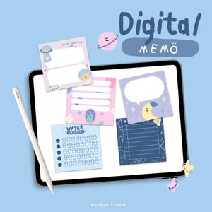 May include: A digital memo design featuring a tablet with colorful sticky notes. The notes include space-themed illustrations, a water tracker, and a speech bubble. The text "Digital MEMO" is displayed above the tablet, and a stylus is visible.