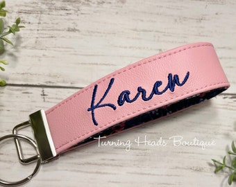 Wristlet Monogrammed Key Fob / Personalized Vinyl Keychain / Wristlet Keychain/ Gift for her/ Teacher gift/ Bridesmaid gifts/ faux leather