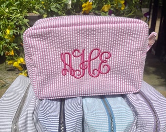 Embroidered Seersucker cosmetic everything bags, personalized gift for bridesmaids, baby shower gift, pencil pouch, makeup and toiletry bag