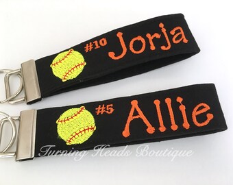 Softball Keychain / Sports key fob / Personalized Bag tag / Coach Gift/ Team Gift/ Gift under 20/ softball wristlet personalized keychain