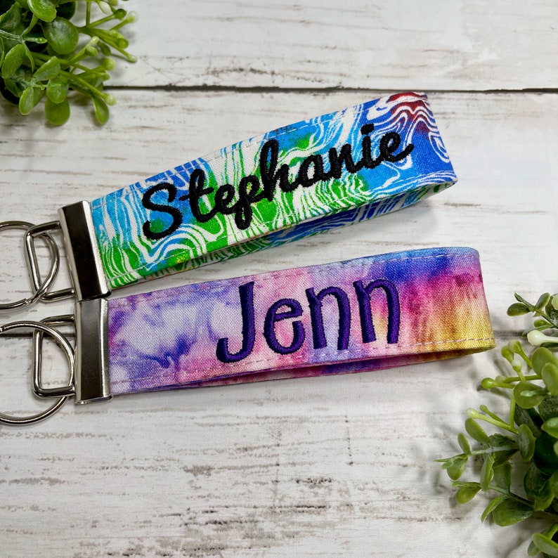 Wristlet Monogrammed Key Fob / Personalized Embroidered Fabric Keychain / Gift for her/ Teacher gift/ gift under 20/ gifts for wedding party image 1