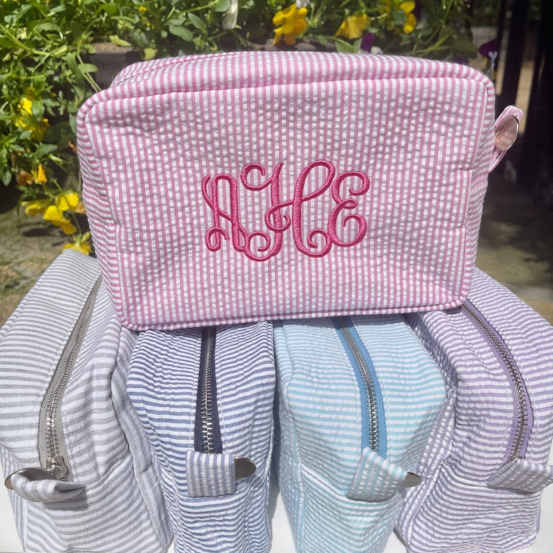 Embroidered Seersucker cosmetic everything bags, personalized gift for bridesmaids, baby shower gift, pencil pouch, makeup and toiletry bag image 1