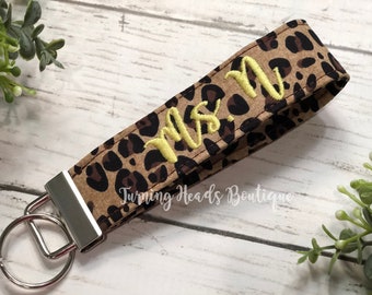 Personalized keyring / Monogrammed Cheetah Fabric Key Fob / Personalized Wristlet Key chain/ Luggage Tag / Gifts under 15/ Teacher Gift