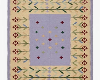 Geometric Kilim Area Rug | Lavender Wool Rug 4x6 | Boho Tribal Scandinavian Rug | Handwoven Blue Carpet | Floral Flat Rug