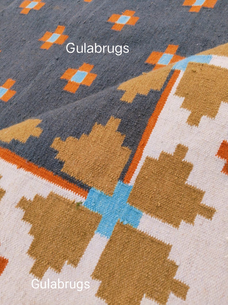 Handmade Wool Flatweave Rug, Swedish Flora Design, Black Rug Shyam 8x10 ft by Gulabrugs image 11