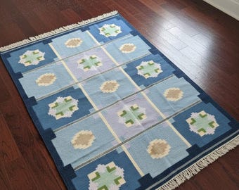 Handwoven Wool Kilim Rug: Blue Geometric Bohemian Area Rug