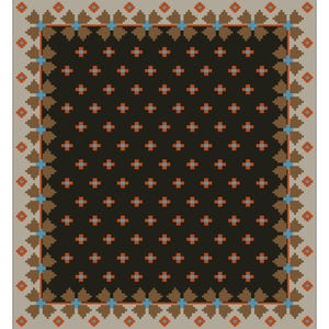 May include: A square rug with a dark brown central design of orange crosses in a grid pattern. The border is light tan with repeating brown and blue floral motifs. The rug measures approximately 305 x 335 cm.