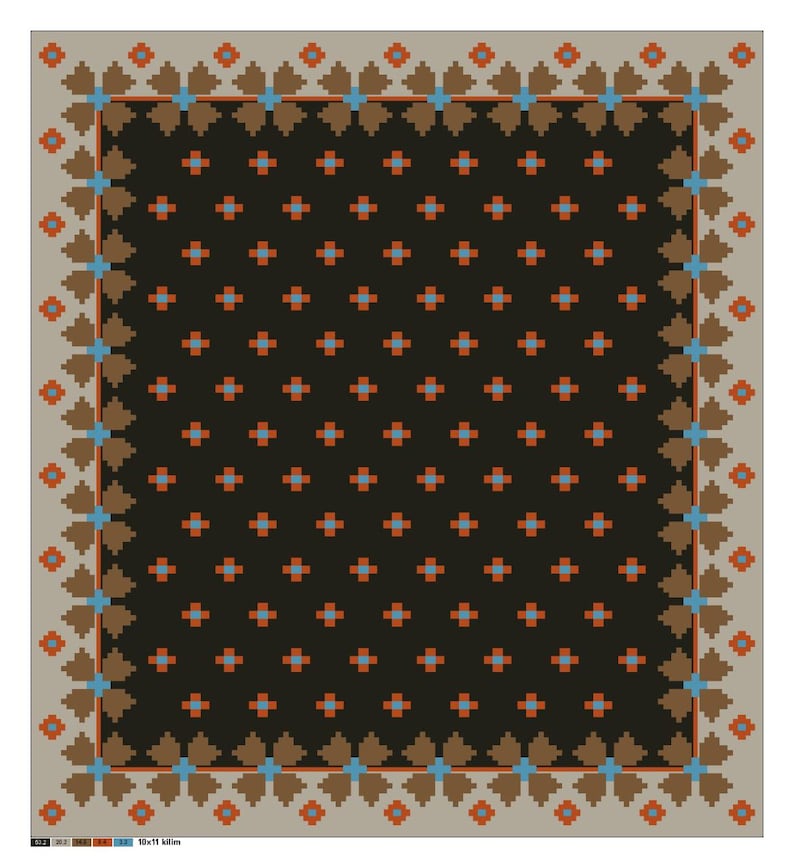 May include: A square rug with a dark brown central design of orange crosses in a grid pattern. The border is light tan with repeating brown and blue floral motifs. The rug measures approximately 305 x 335 cm.