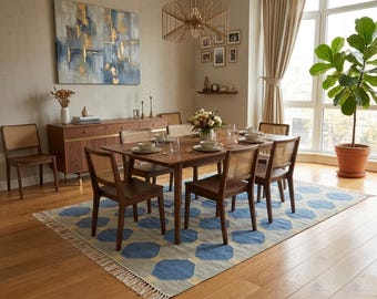 Alfombra de lana hecha a mano / Kilim de lunares azules / Alfombra de comedor estilo bohemio / Alfombras para sala de estar de 8 x 10 pies