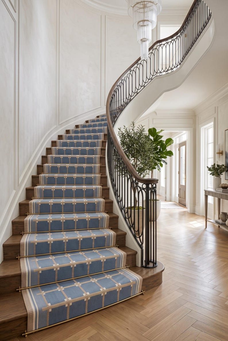 Merida Stair Rug Handwoven Wool Geometric Rug, Dusty Blue and Ivory Grid Area Rug ...