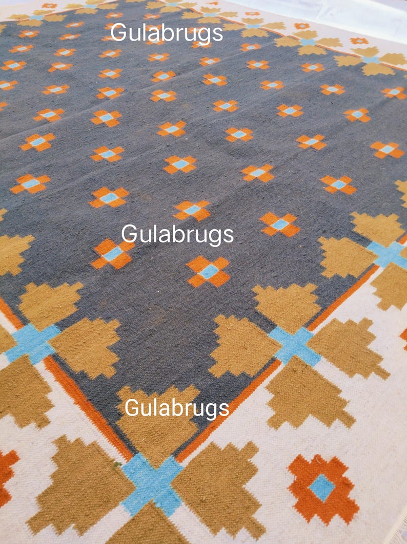 Handmade Wool Flatweave Rug, Swedish Flora Design, Black Rug Shyam 8x10 ft by Gulabrugs image 8