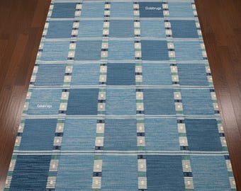 Blue Handwoven Area Rug| Flatweave Geometrical Rug For Living Room & Bedroom Minimalist Home Decor 8X10ft by Gulabrug