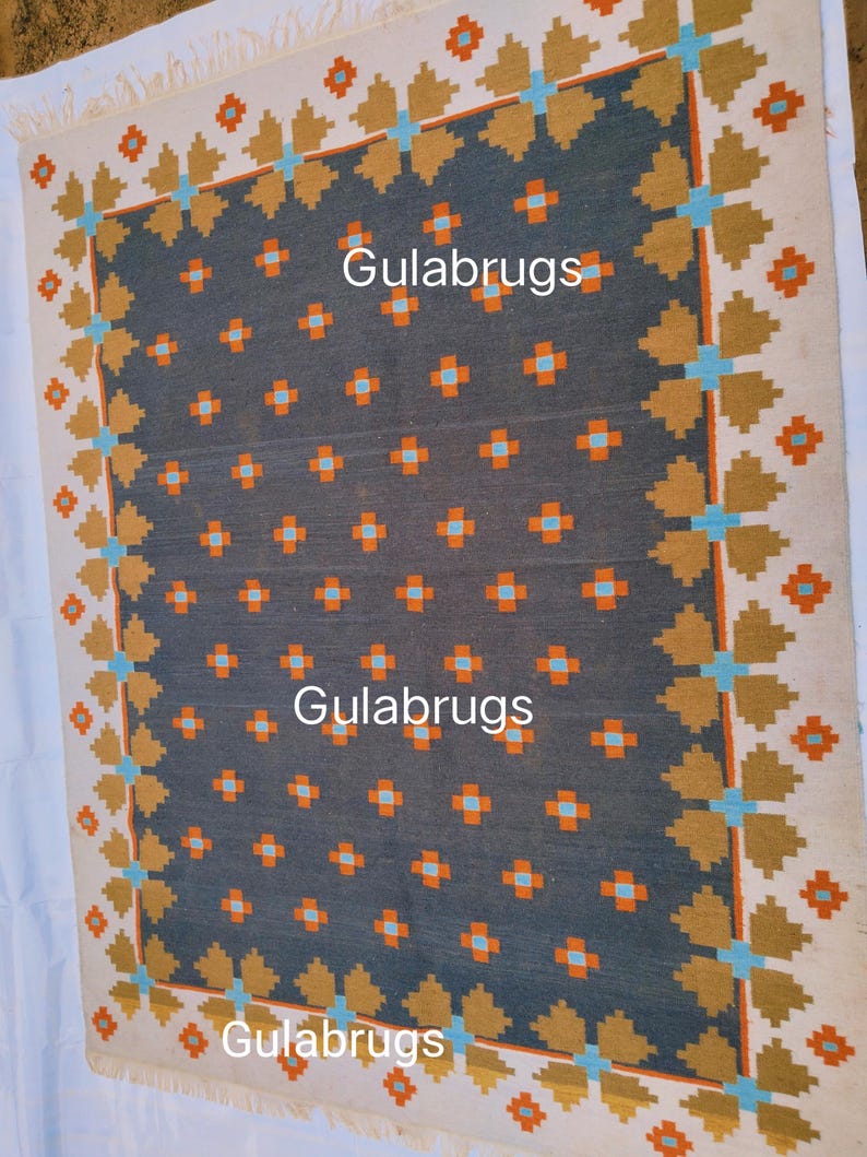 Handmade Wool Flatweave Rug, Swedish Flora Design, Black Rug Shyam 8x10 ft by Gulabrugs image 2
