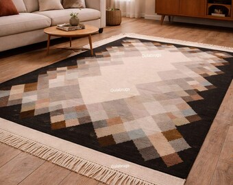 Scandinavian Flatweave Rug| Handwoven Geometrical Pattern, Neutral Tone Homedecor By Gulabrugs