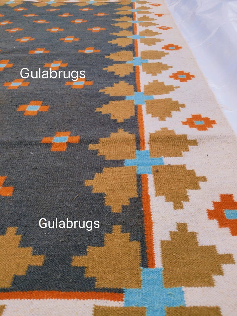 Handmade Wool Flatweave Rug, Swedish Flora Design, Black Rug Shyam 8x10 ft by Gulabrugs image 3