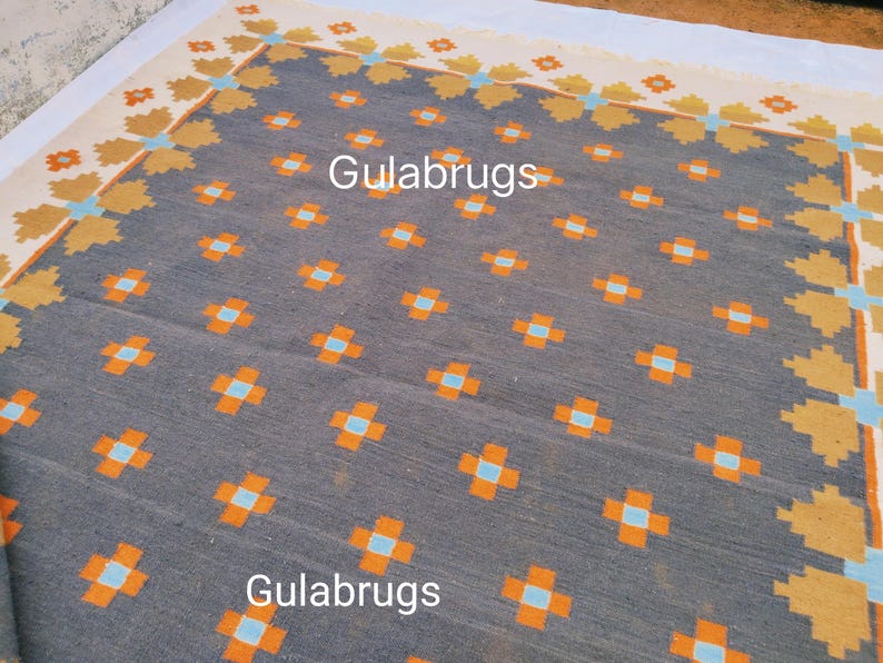Handmade Wool Flatweave Rug, Swedish Flora Design, Black Rug Shyam 8x10 ft by Gulabrugs image 5