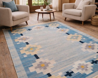 Tappeto boho in lana fatto a mano, blu e giallo, con motivo geometrico, 152 x 213 cm, per camera da letto, tessuto a mano in Svezia.