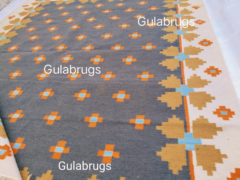 Handmade Wool Flatweave Rug, Swedish Flora Design, Black Rug Shyam 8x10 ft by Gulabrugs image 6
