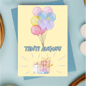 Biglietto di compleanno pieghevole stampabile A6 giallo con palloncini | Download Digitale PDF PNG JPG