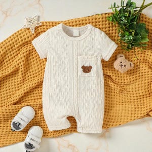 Baby Summer Jumpsuit, Unisex Solid Color Bodysuit, Short Sleeve Romper with Pocket, Preppy Baby Outfit, Infant Clothes