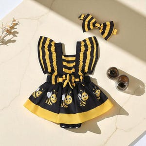 Vestido macacão para bebê menina com faixa na cabeça, macacão com estampa animal, conjunto de verão com manga curta – Abelha, Vaca, Joaninha, Elefante