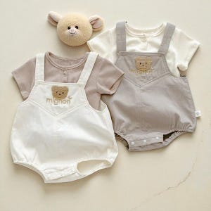 Baby Summer Clothing Set, Solid Color Tee & Bear Bodysuit, Newborn Infant Outfit, Unisex Baby Clothes, Short Sleeve Set