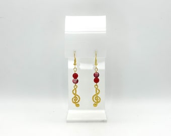 Gold Music Note Earrings: Red Jasper, Handmade Musical Jewelry
