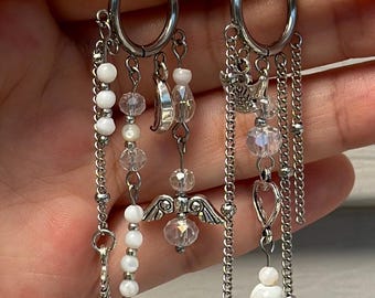 Ocean-Inspired Asymmetrical Shell & Glass Bead Dangle Earrings - Handmade Stainless Steel Hoops - Kpop - BTS