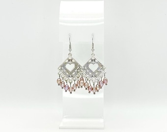 Boho Heart Earrings with Pink Pearls: Hypoallergenic Handmade Jewelry