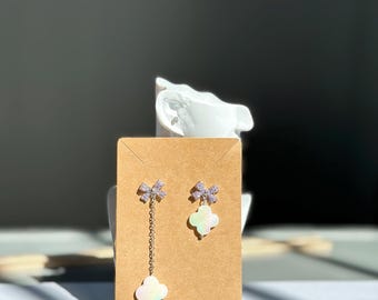 Kawaii Asymmetric Earrings – Sparkling Bow and Shell Clover Dangle – Nickel-Free and Gift-Ready