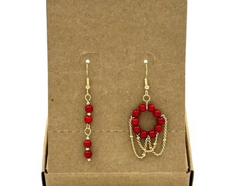Asymmetrical Red Coral Earrings: Gold Stainless Steel Boho Jewelry