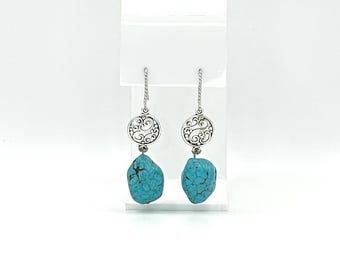 Blue Tourmaline Filigree Dangle Earrings: Handmade Sterling Silver Boho Jewelry