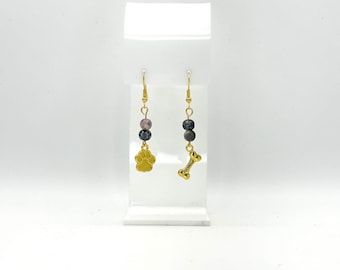 Asymmetrical Paw & Bone Earrings: Gold Pet Jewelry with Gemstones