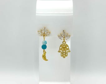 Asymmetrical Gold Hamsa and Moon Earrings Handcrafted Boho Protection Jewelry with Turquoise and Crystal