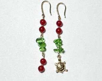 Boho Turtle Dangle Earrings: Red & Green Gemstone Beads, Gold Plated