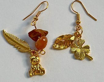 Asymmetrical Gold Nature Earrings: Gemstone Bear, Feather, Leaf Charms