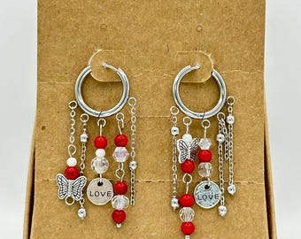 Red Coral & Shell Hoop Earrings: Stainless Steel Boho Dangle
