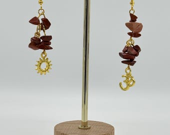 Artisan Red Jasper Om & Sun Earrings - Boho Spiritual Gemstone Jewelry - Handmade Chakra Gift