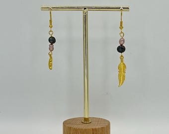 Black & Pink Pearl Dangle Earrings with Gold Feather and Moon Charms – Handmade Boho Jewelry